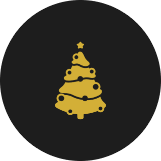 Gold Christmas tree icon on black background.